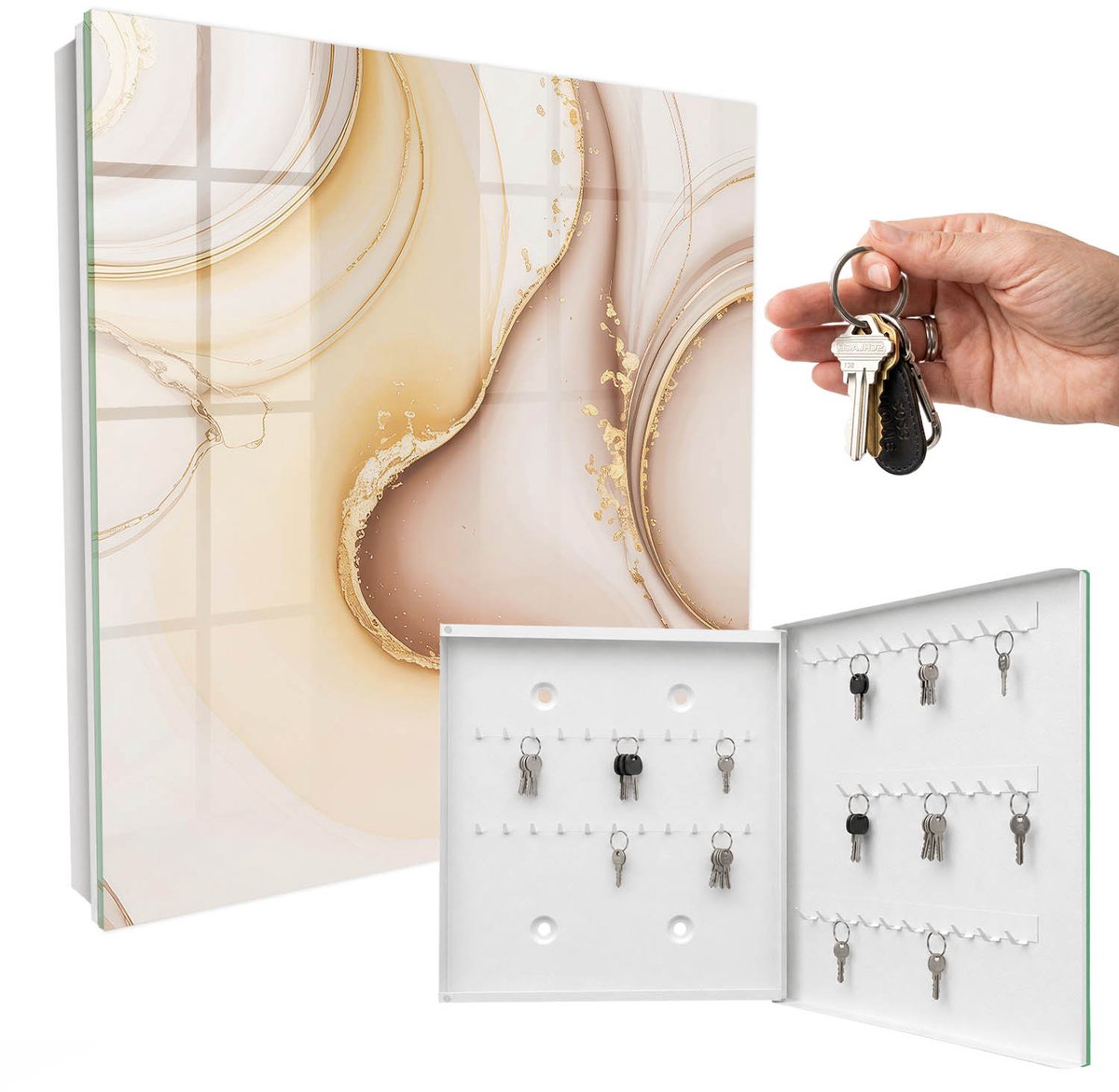 WallMuralia - Sleutelkast - 30x30x5 cm - met 50 haken - Beige Golven Sleutelkastje Binnen - Beige Sleutelbox - Rechtsopenend - Wit interieur