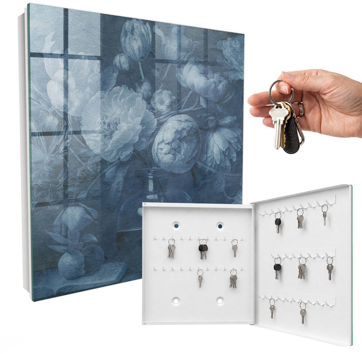 WallMuralia - Sleutelkast - 30x30x5 cm - met 50 haken - Bloemen In Een Vaas Sleutelkastje Klein - Blauw Sleutelbox - Rechtsopenend - Wit interieur