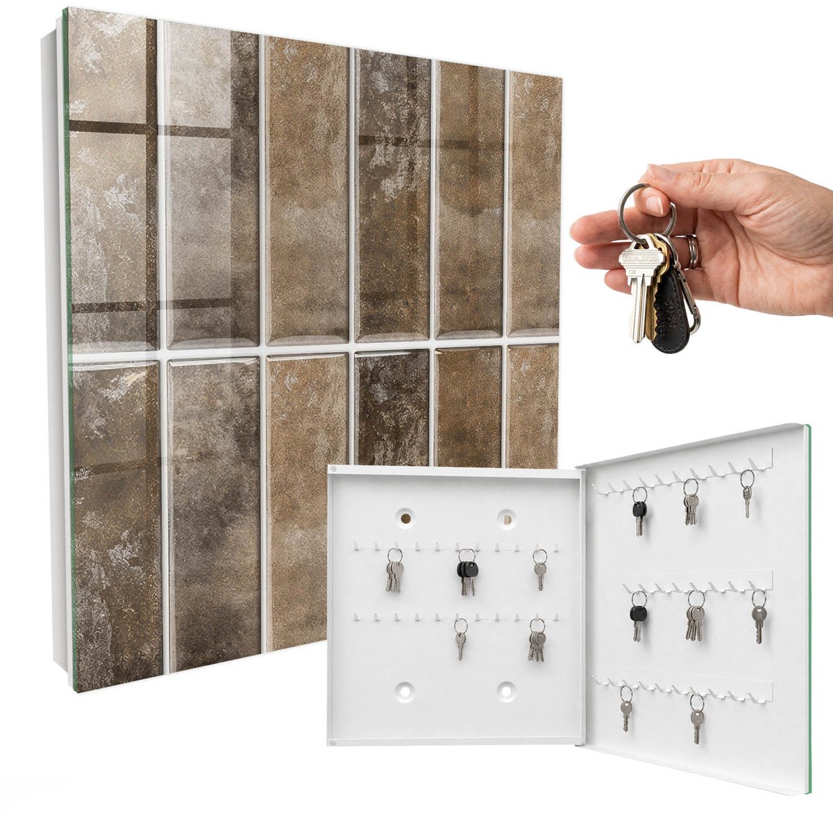 WallMuralia - Sleutelkast - 30x30x5 cm - met 50 haken - Warme Tegels Sleutelkastje Design - Bruin Sleutelbox - Rechtsopenend - Wit interieur