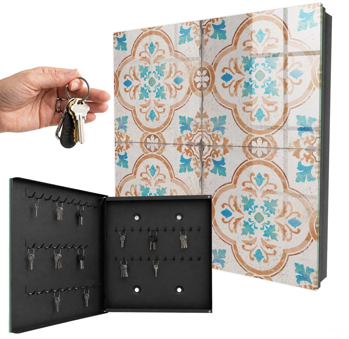 WallMuralia - Sleutelkast - 30x30x5 cm - met 50 haken - Tegelpatroon Sleutelkastje Binnen - Grijs Sleutelbox - Linksopenend - Zwart interieur