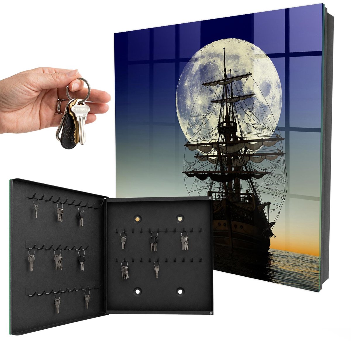 WallMuralia - Sleutelkast - 30x30x5 cm - met 50 haken - Nachtzeiltochten Sleutelkastje Voor Binnen - Marine Sleutelbox - Linksopenend - Zwart interieur