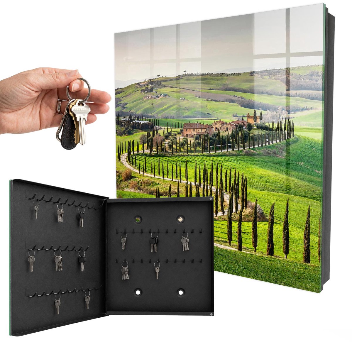 WallMuralia - Sleutelkast - 30x30x5 cm - met 50 haken - Toscaans Landschap Sleutelkastje Hal - Groente Sleutelbox - Linksopenend - Zwart interieur