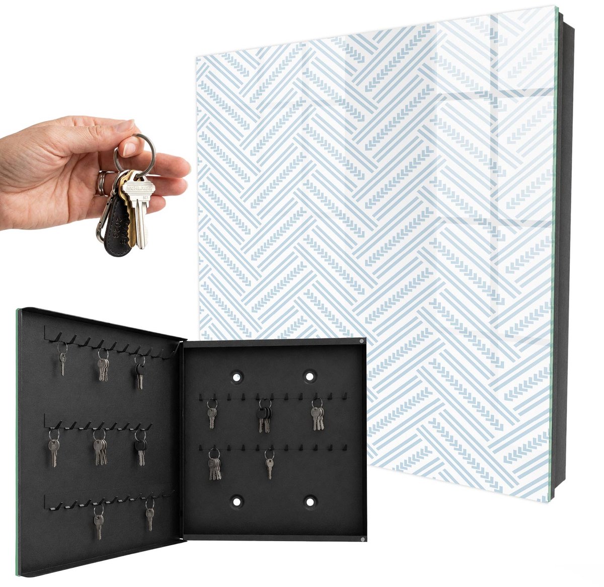 WallMuralia - Sleutelkast - 30x30x5 cm - met 50 haken - Subtiele Visgraat Groot Sleutelkastje - Wit Sleutelbox - Linksopenend - Zwart interieur