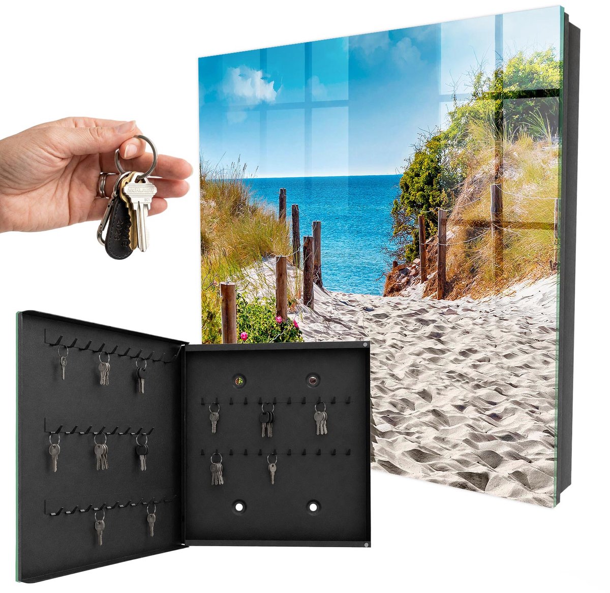WallMuralia - Sleutelkast - 30x30x5 cm - met 50 haken - Pad Langs De Kust Sleutelkastje Huis - Blauw Sleutelbox - Linksopenend - Zwart interieur