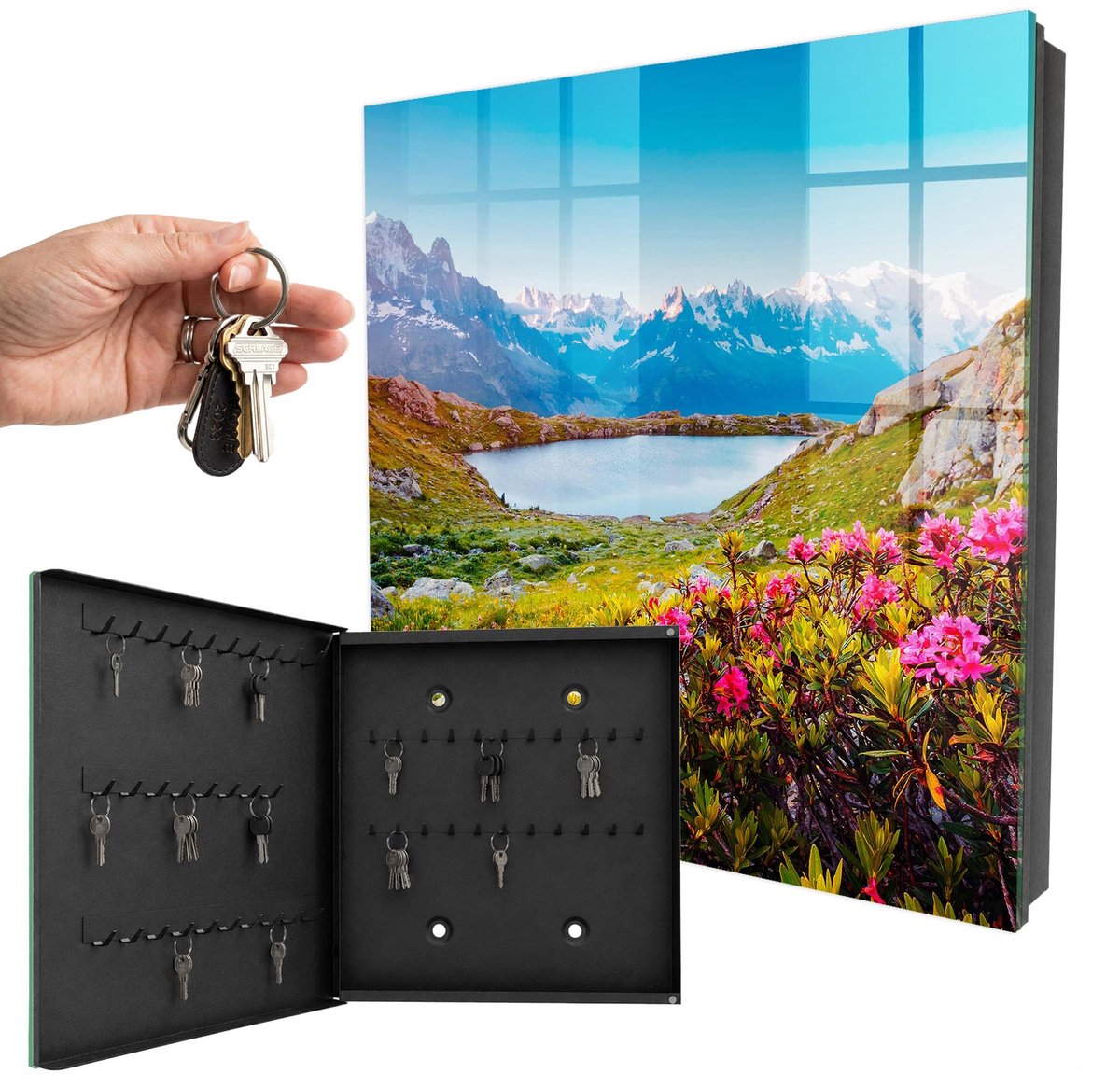 WallMuralia - Sleutelkast - 30x30x5 cm - met 50 haken - Berglandschap Sleutelkastje Muur - Blauw Sleutelbox - Linksopenend - Zwart interieur