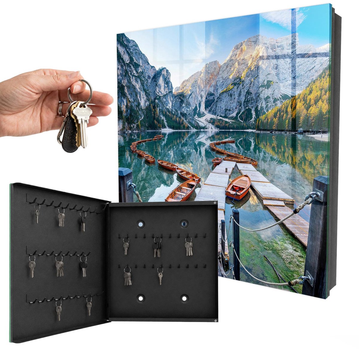 WallMuralia - Sleutelkast - 30x30x5 cm - met 50 haken - Berglandschap Sleutelkastje Muur - Blauw Sleutelbox - Linksopenend - Zwart interieur