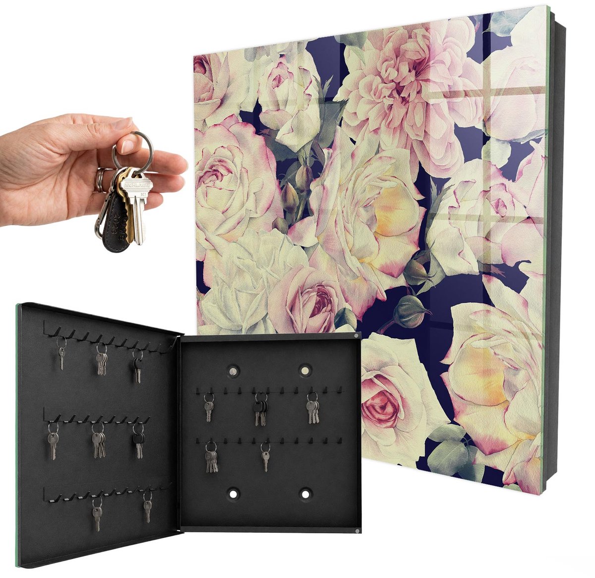 WallMuralia - Sleutelkast - 30x30x5 cm - met 50 haken - Bloemige Elegantie Sleutelkastje Voor Binnen - Roze Sleutelbox - Linksopenend - Zwart interieur