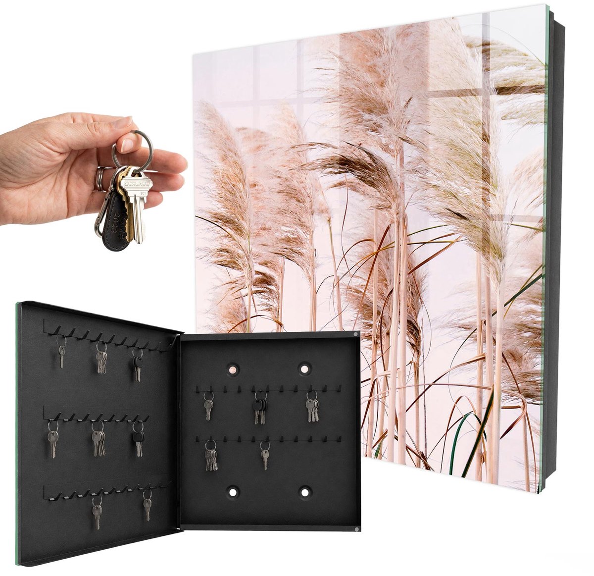 WallMuralia - Sleutelkast - 30x30x5 cm - met 50 haken - Sensuele Natuur Sleutelkastje Muur - Beige Sleutelbox - Linksopenend - Zwart interieur