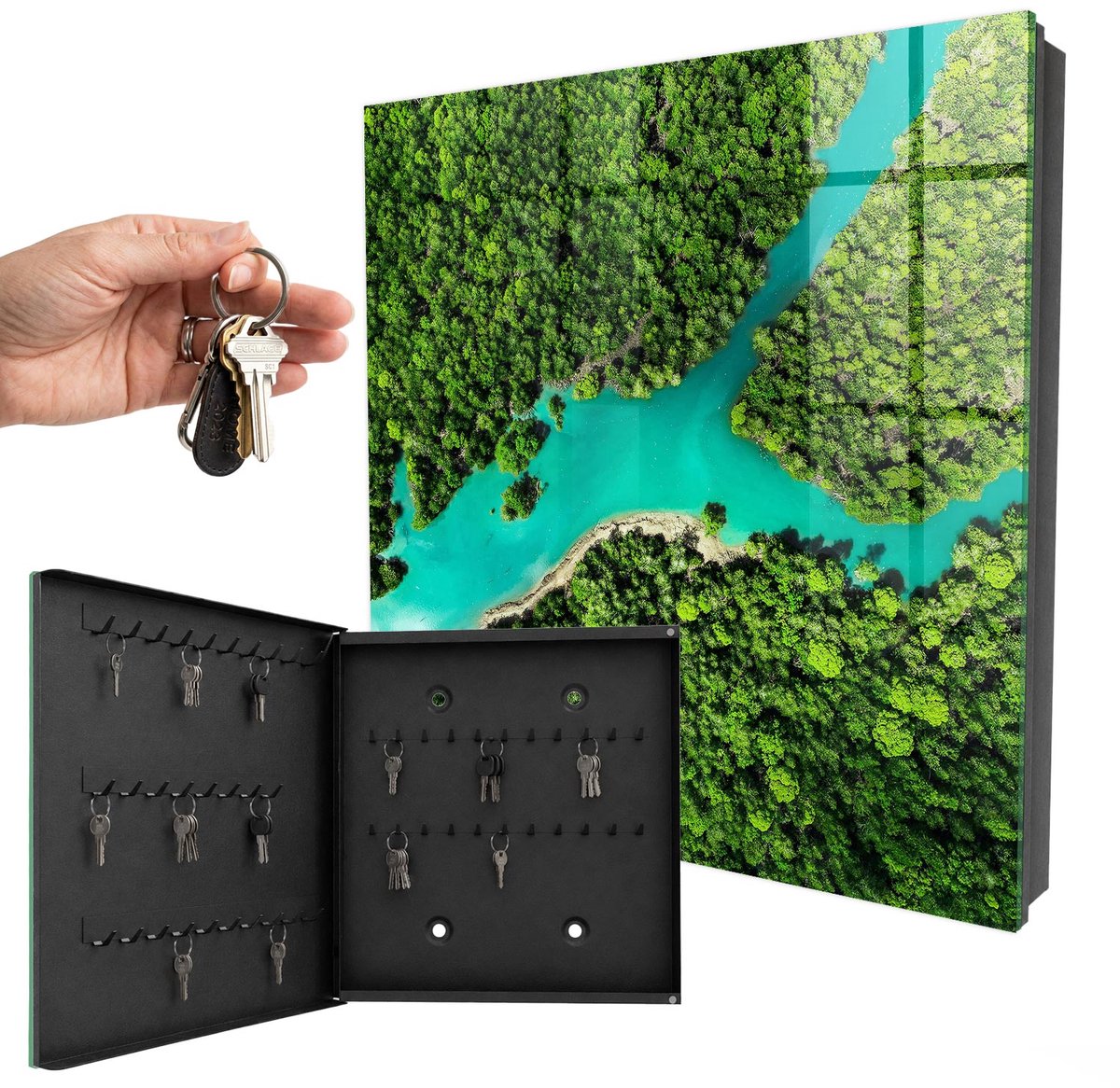 WallMuralia - Sleutelkast - 30x30x5 cm - met 50 haken - Groen Paradijs Groot Sleutelkastje - Groente Sleutelbox - Linksopenend - Zwart interieur