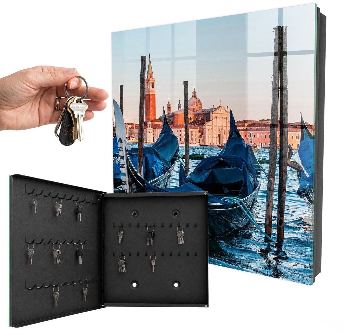 WallMuralia - Sleutelkast - 30x30x5 cm - met 50 haken - Italiaans Landschap Sleutelkastje Muur - Blauw Sleutelbox - Linksopenend - Zwart interieur