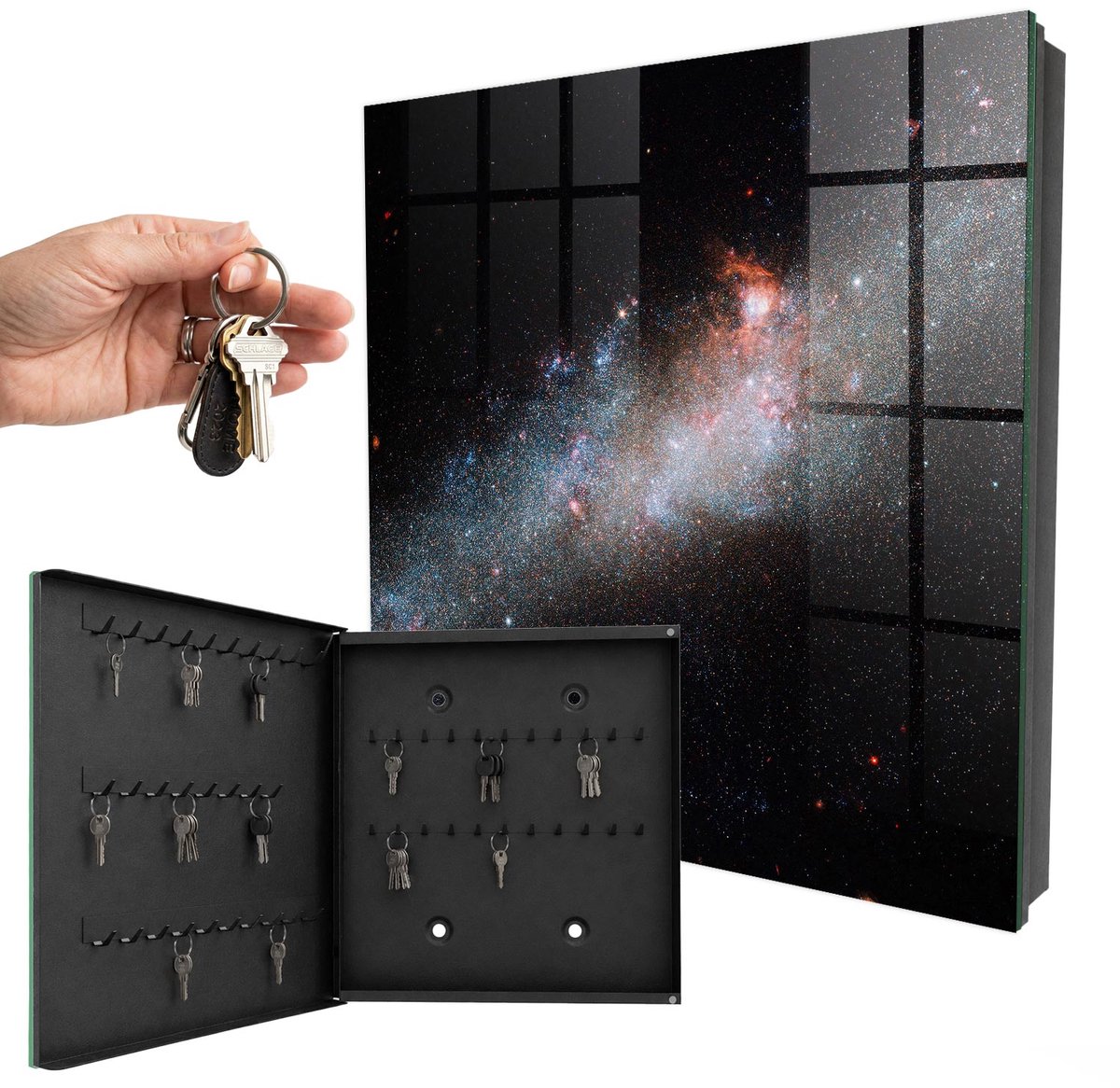 WallMuralia - Sleutelkast - 30x30x5 cm - met 50 haken - Galactisch Mysterie Sleutelkastje Hal - Zwart Sleutelbox - Linksopenend - Zwart interieur