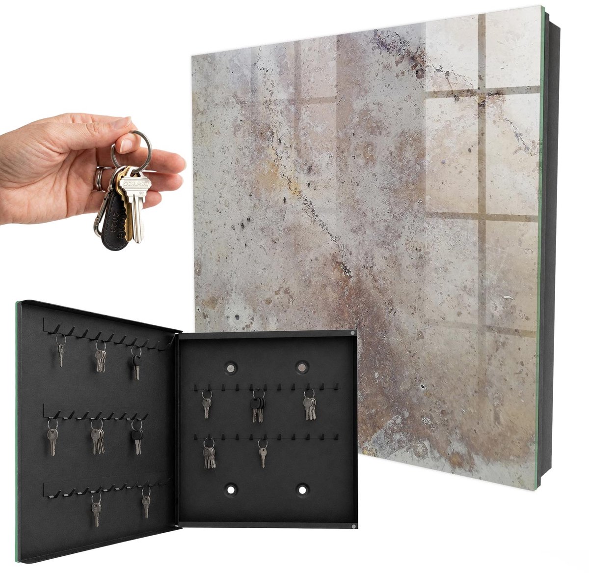 WallMuralia - Sleutelkast - 30x30x5 cm - met 50 haken - Aardse Textuur Sleutelkastje Huis - Beige Sleutelbox - Linksopenend - Zwart interieur