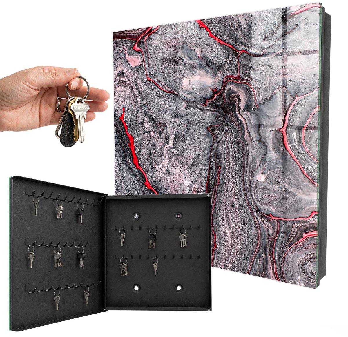 WallMuralia - Sleutelkast - 30x30x5 cm - met 50 haken - Expressieve Abstractie Sleutelkastje Klein - Grijs Sleutelbox - Linksopenend - Zwart interieur
