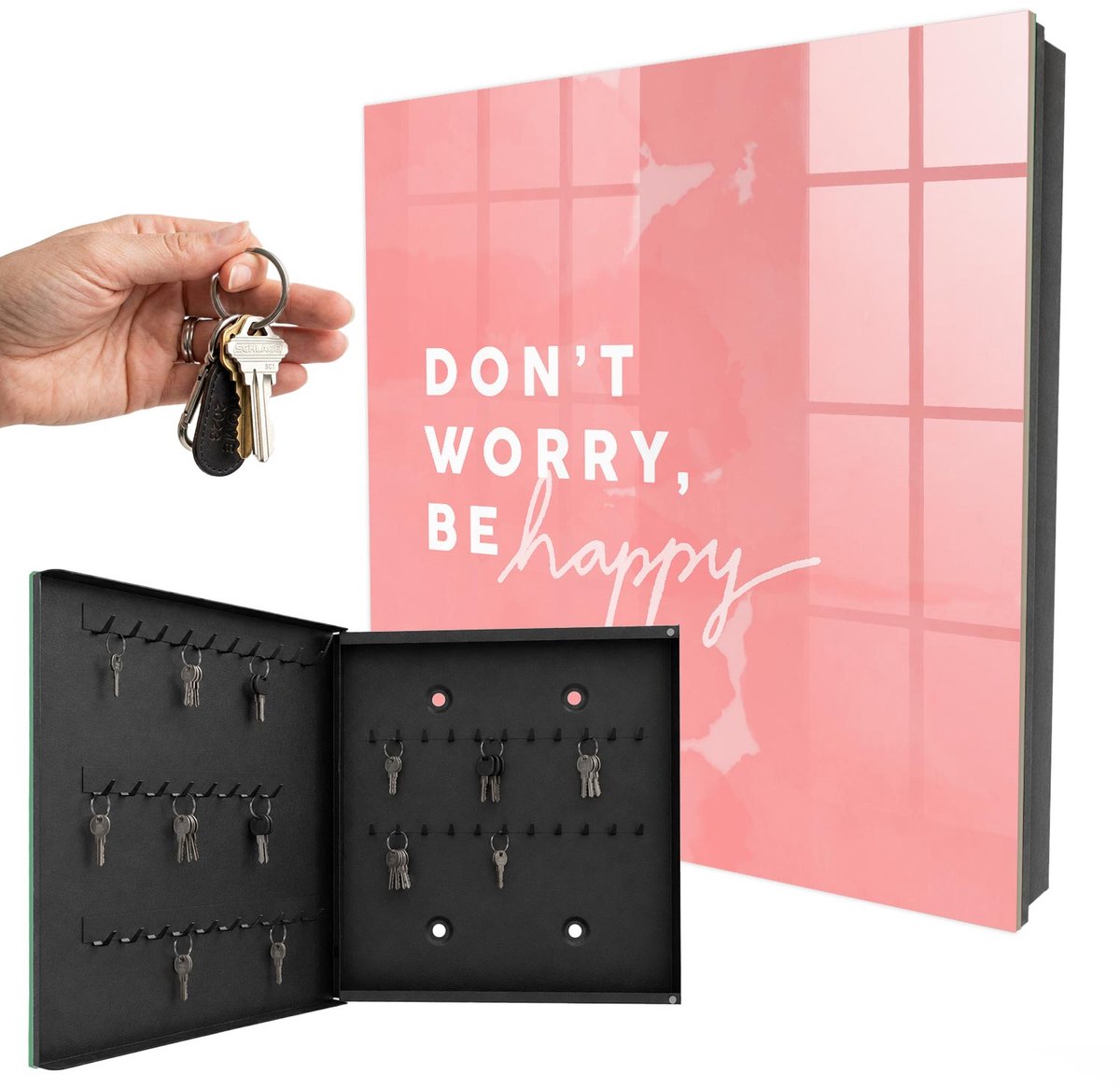 WallMuralia - Sleutelkast - 30x30x5 cm - met 50 haken - Positieve Inspiratie Sleutelkastje Klein - Roze Sleutelbox - Linksopenend - Zwart interieur