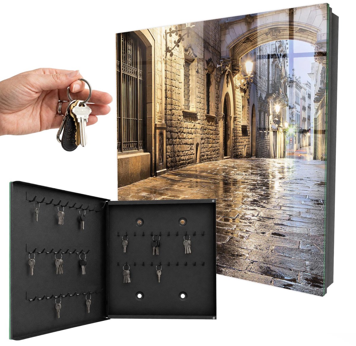 WallMuralia - Sleutelkast - 30x30x5 cm - met 50 haken - Nachtelijke Straat Sleutelkastje Modern - Grijs Sleutelbox - Linksopenend - Zwart interieur