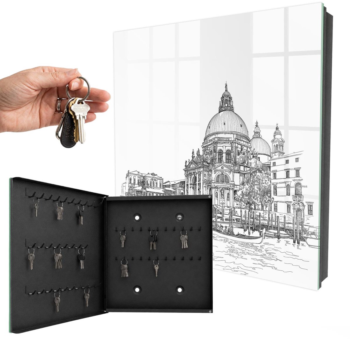WallMuralia - Sleutelkast - 30x30x5 cm - met 50 haken - Venetiaanse Lijnen Sleutelkastje Huis - Wit Sleutelbox - Linksopenend - Zwart interieur