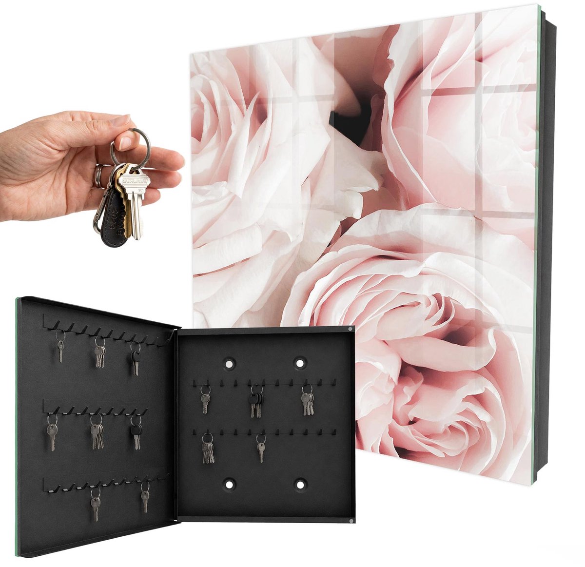 WallMuralia - Sleutelkast - 30x30x5 cm - met 50 haken - Pastel Rozen Sleutelkastje Landelijk - Roze Sleutelbox - Linksopenend - Zwart interieur