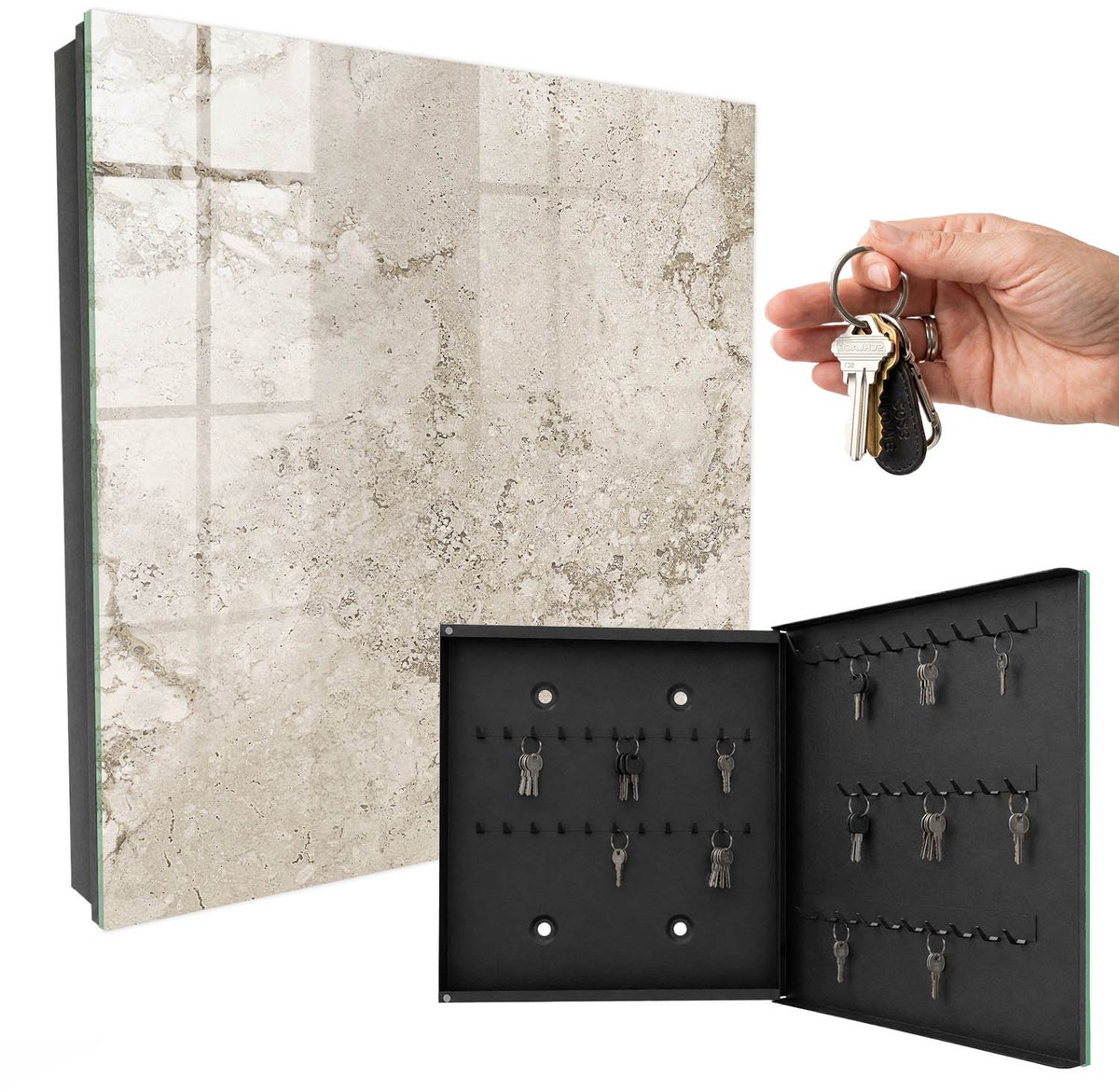 WallMuralia - Sleutelkast - 30x30x5 cm - met 50 haken - Beige Textuur Leuk Sleutelkastje - Beige Sleutelbox - Rechtsopenend - Zwart interieur