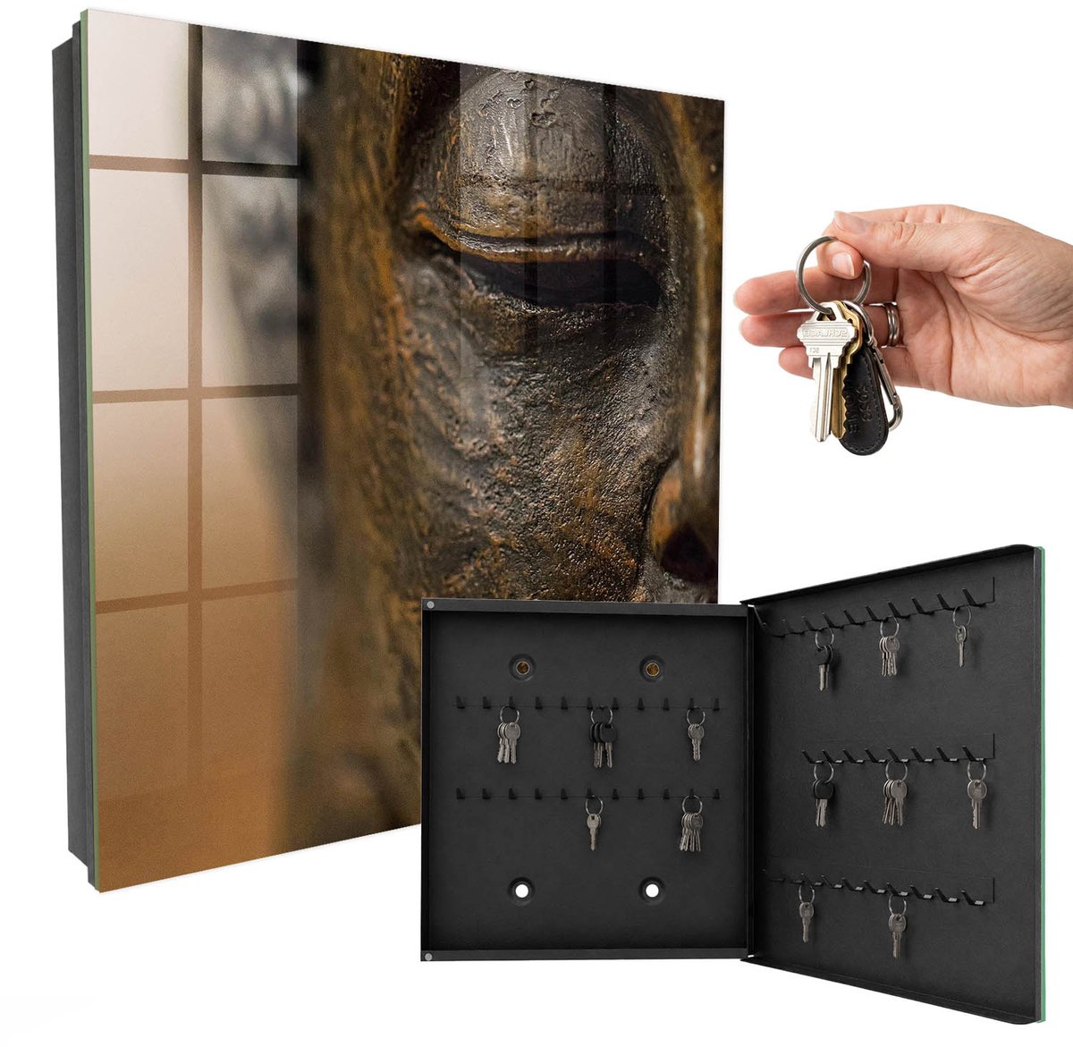 WallMuralia - Sleutelkast - 30x30x5 cm - met 50 haken - Stille Elegantie Sleutelkastje Landelijk - Bruin Sleutelbox - Rechtsopenend - Zwart interieur