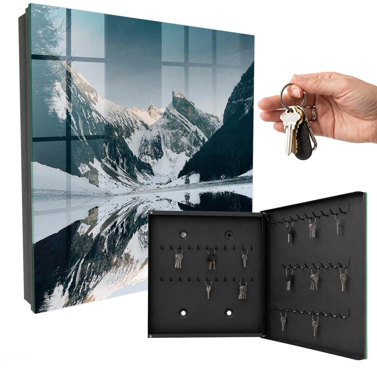 WallMuralia - Sleutelkast - 30x30x5 cm - met 50 haken - Winterlandschap Sleutelkastje Binnen - Wit Sleutelbox - Rechtsopenend - Zwart interieur