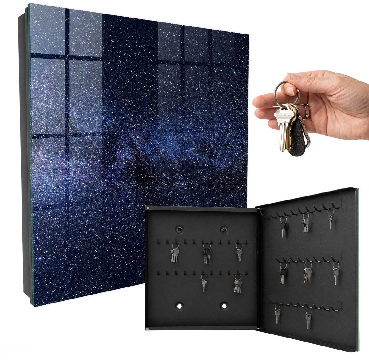 WallMuralia - Sleutelkast - 30x30x5 cm - met 50 haken - Nachtelijke Hemel Sleutelkastje Industrieel - Zwart Sleutelbox - Rechtsopenend - Zwart interieur