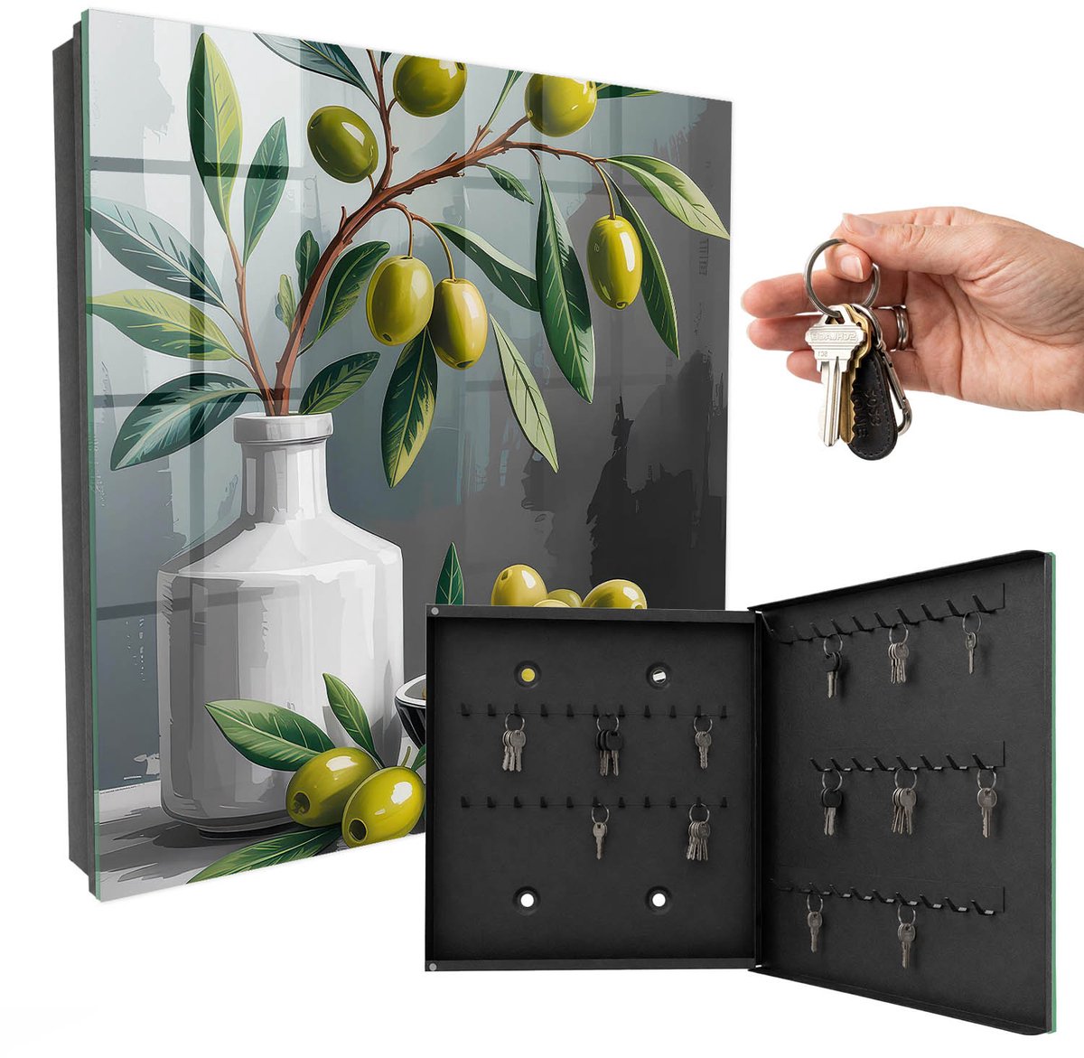 WallMuralia - Sleutelkast - 30x30x5 cm - met 50 haken - Groene Olijf Groot Sleutelkastje - Groente Sleutelbox - Rechtsopenend - Zwart interieur