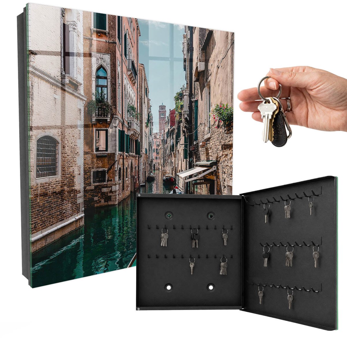 WallMuralia - Sleutelkast - 30x30x5 cm - met 50 haken - Venetiaans Kanaal Groot Sleutelkastje - Bruin Sleutelbox - Rechtsopenend - Zwart interieur