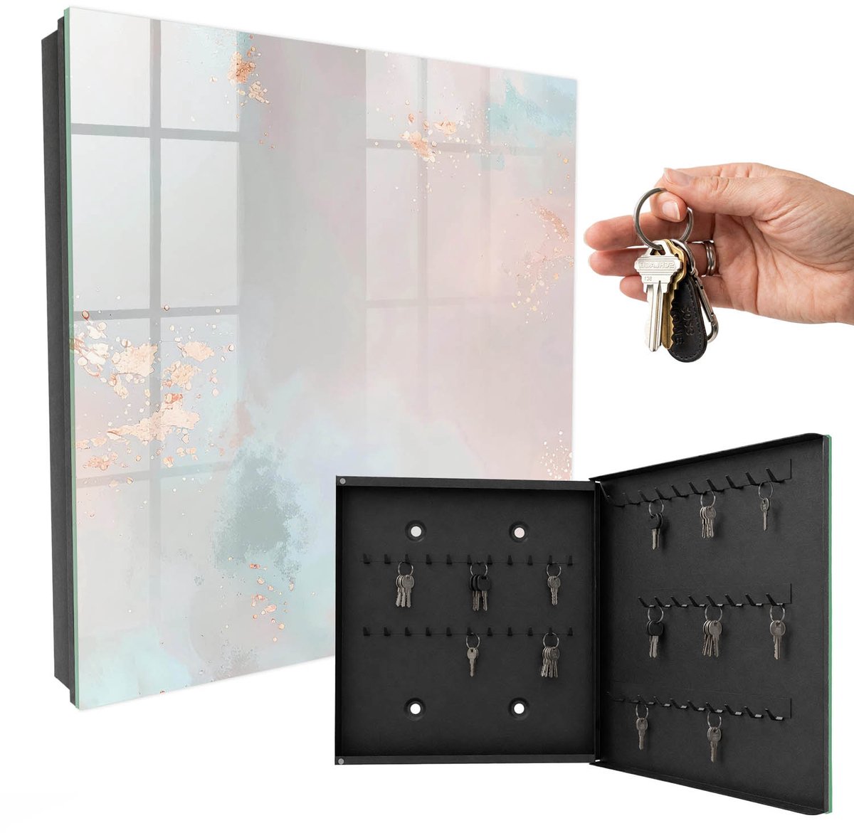 WallMuralia - Sleutelkast - 30x30x5 cm - met 50 haken - Pastel Abstractie Sleutelkastje Klein - Beige Sleutelbox - Rechtsopenend - Zwart interieur