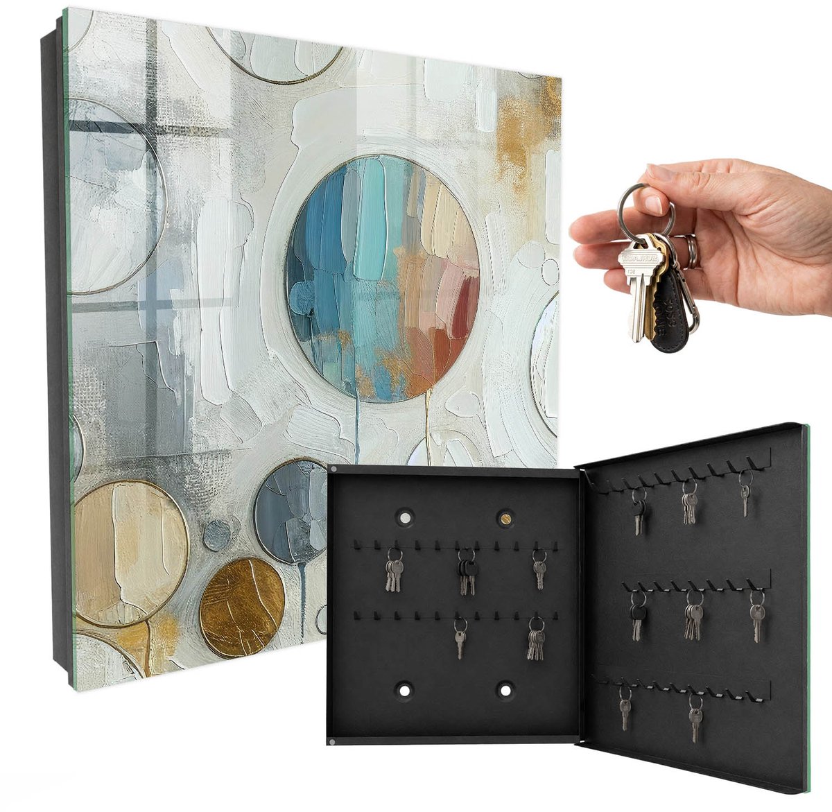 WallMuralia - Sleutelkast - 30x30x5 cm - met 50 haken - Cirkelvormige Compositie Sleutelkastje Hal - Wit Sleutelbox - Rechtsopenend - Zwart interieur