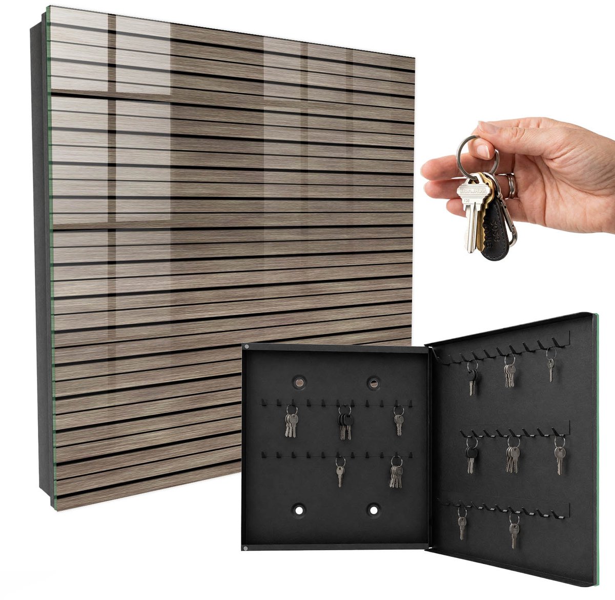 WallMuralia - Sleutelkast - 30x30x5 cm - met 50 haken - Houten Planken Sleutelkastje Binnen - Bruin Sleutelbox - Rechtsopenend - Zwart interieur