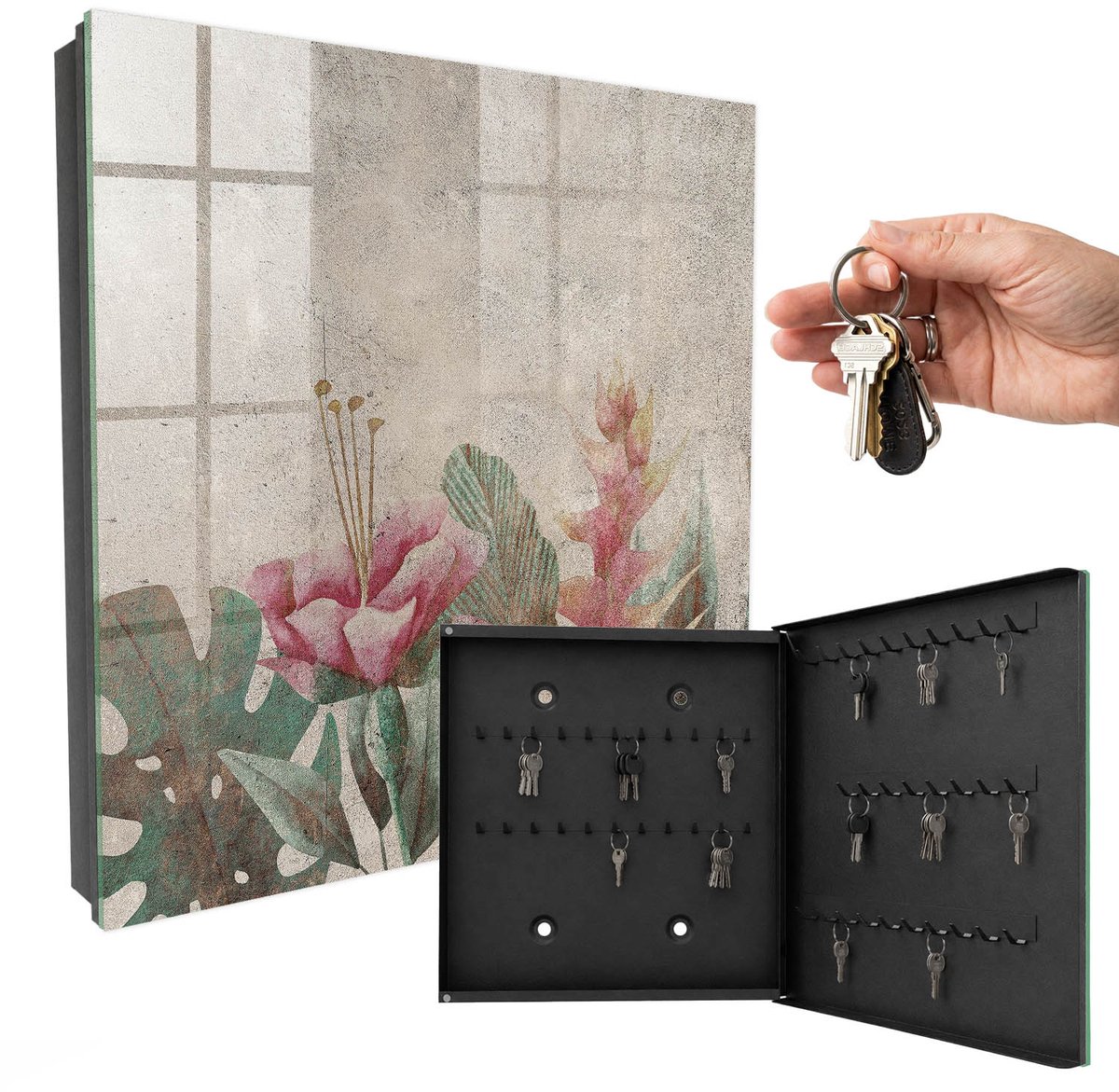 WallMuralia - Sleutelkast - 30x30x5 cm - met 50 haken - Botanische Elegantie Sleutelkastje - Beige Sleutelbox - Rechtsopenend - Zwart interieur