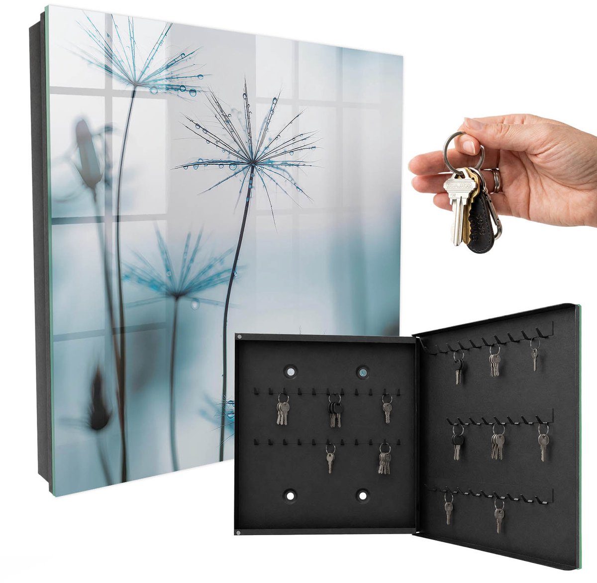 WallMuralia - Sleutelkast - 30x30x5 cm - met 50 haken - Paardenbloemen En Dauw Sleutelkastje Hal - Blauw Sleutelbox - Rechtsopenend - Zwart interieur