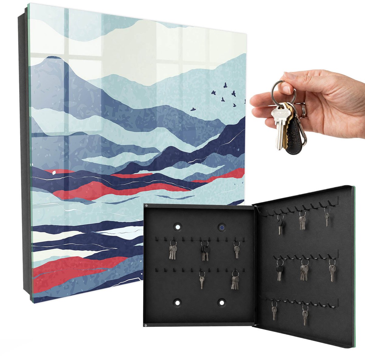 WallMuralia - Sleutelkast - 30x30x5 cm - met 50 haken - Blauwe Golven Sleutelkastje Klein - Blauw Sleutelbox - Rechtsopenend - Zwart interieur
