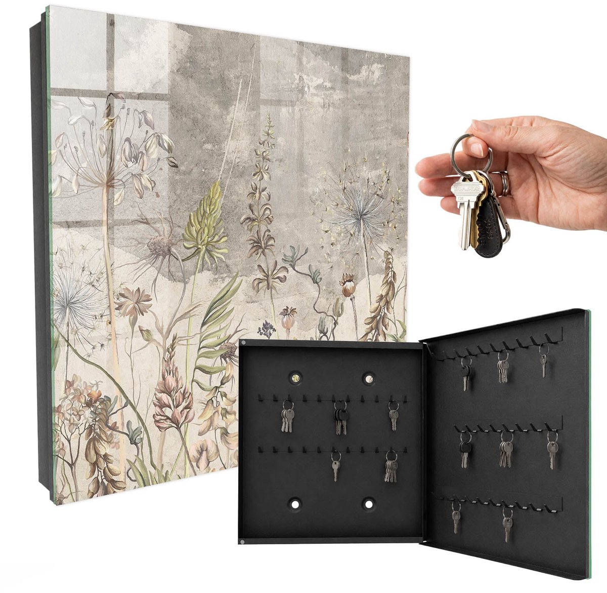 WallMuralia - Sleutelkast - 30x30x5 cm - met 50 haken - Vintage Planten Sleutelkastje Gang - Grijs Sleutelbox - Rechtsopenend - Zwart interieur