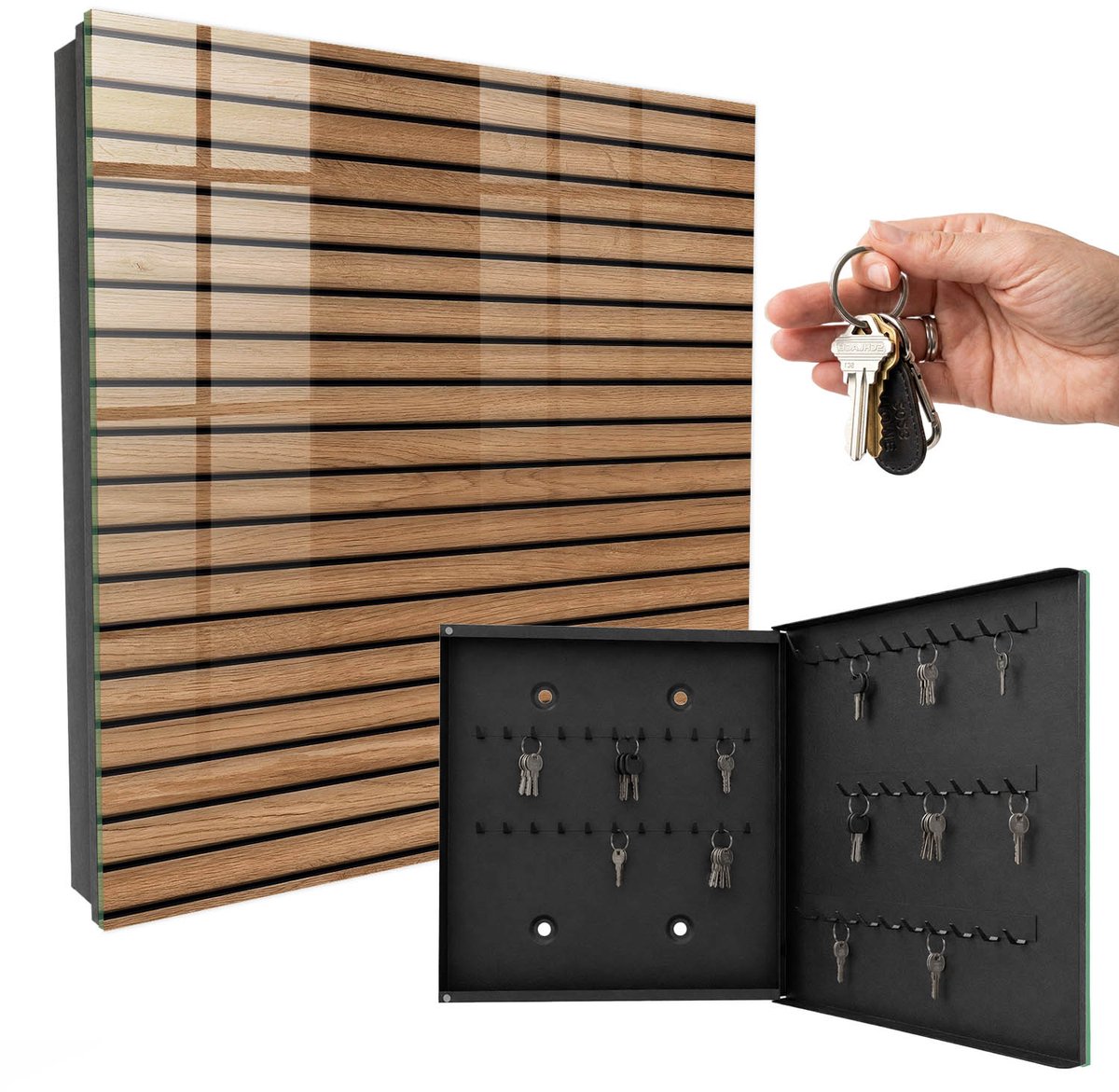 WallMuralia - Sleutelkast - 30x30x5 cm - met 50 haken - Houten Panelen Sleutelkastje Huis - Bruin Sleutelbox - Rechtsopenend - Zwart interieur