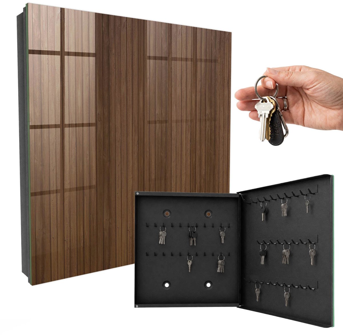 WallMuralia - Sleutelkast - 30x30x5 cm - met 50 haken - Houten Planken Design Sleutelkastje - Bruin Sleutelbox - Rechtsopenend - Zwart interieur
