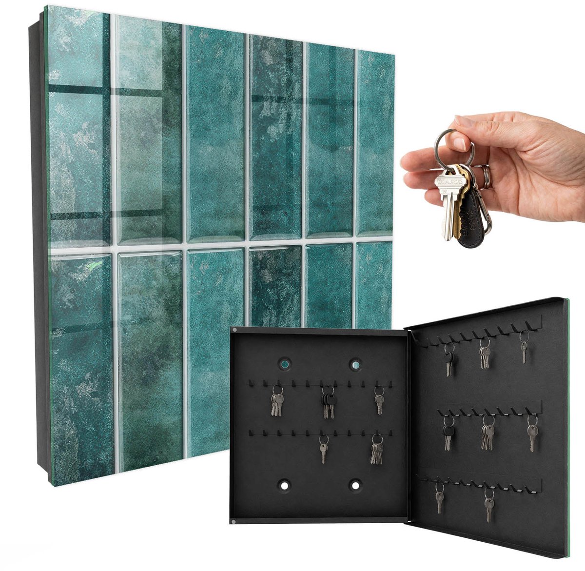 WallMuralia - Sleutelkast - 30x30x5 cm - met 50 haken - Turkooizen Tegels Leuk Sleutelkastje - Turkoois Sleutelbox - Rechtsopenend - Zwart interieur