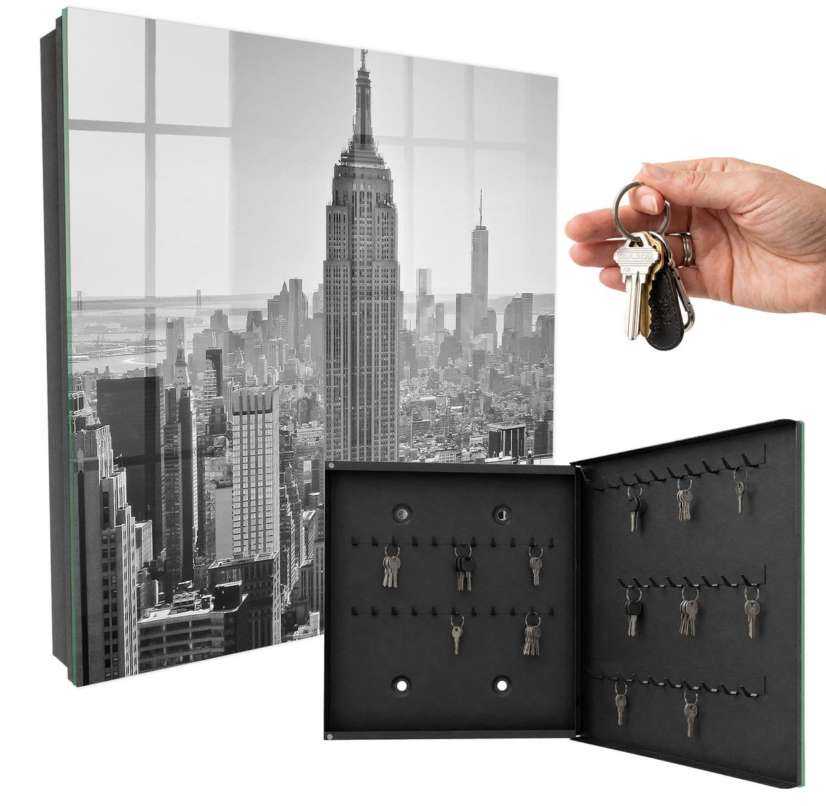WallMuralia - Sleutelkast - 30x30x5 cm - met 50 haken - Panorama Van De Stad Sleutelkastje Muur - Grijs Sleutelbox - Rechtsopenend - Zwart interieur