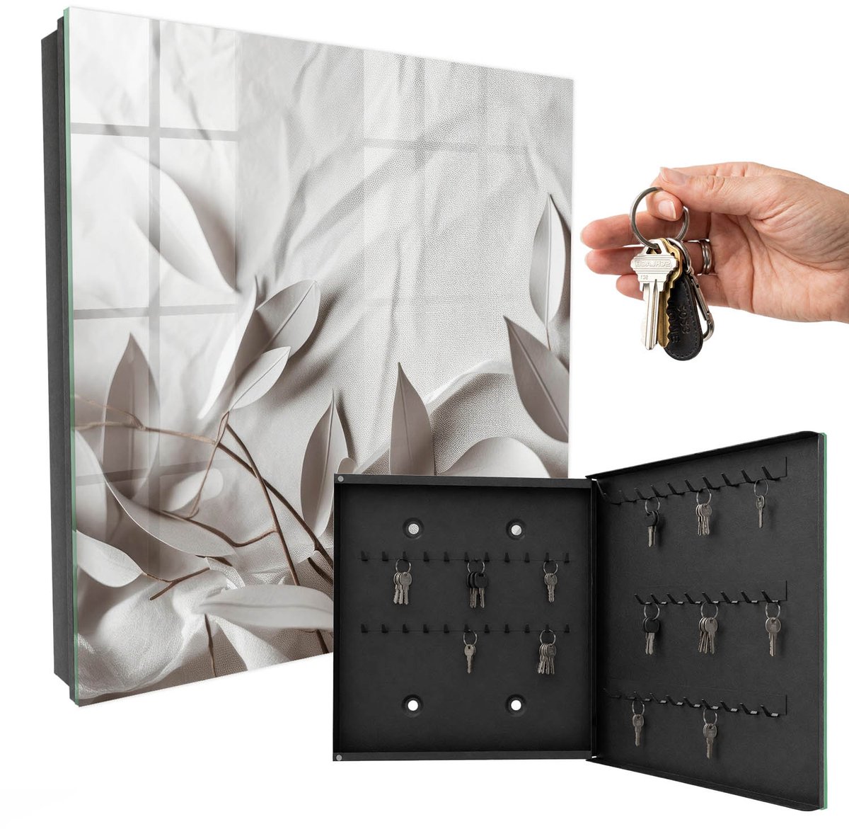 WallMuralia - Sleutelkast - 30x30x5 cm - met 50 haken - Bladstof Sleutelkastje Voor Binnen - Beige Sleutelbox - Rechtsopenend - Zwart interieur