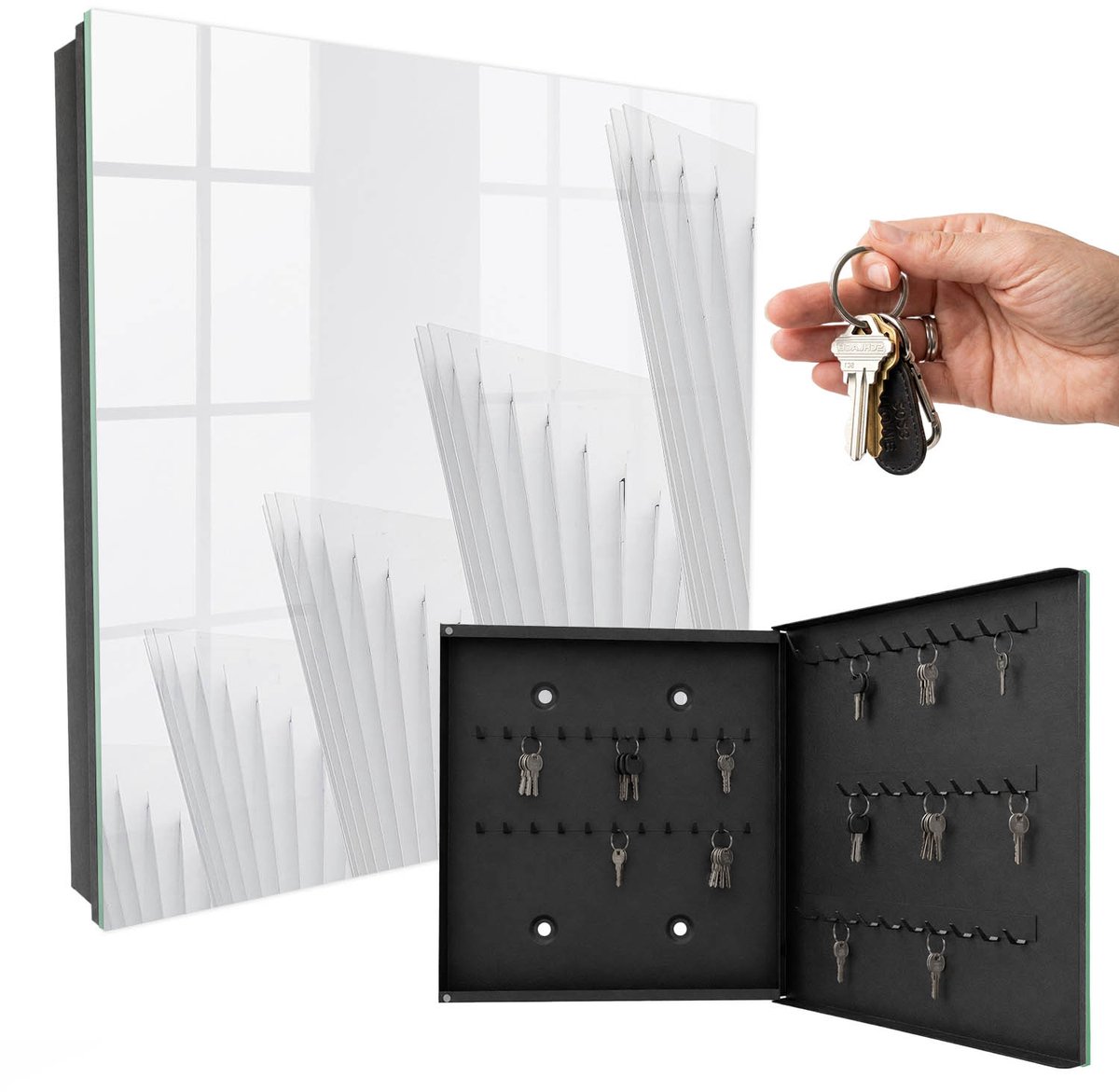 WallMuralia - Sleutelkast - 30x30x5 cm - met 50 haken - Abstracte Architectuur Leuk Sleutelkastje - Wit Sleutelbox - Rechtsopenend - Zwart interieur