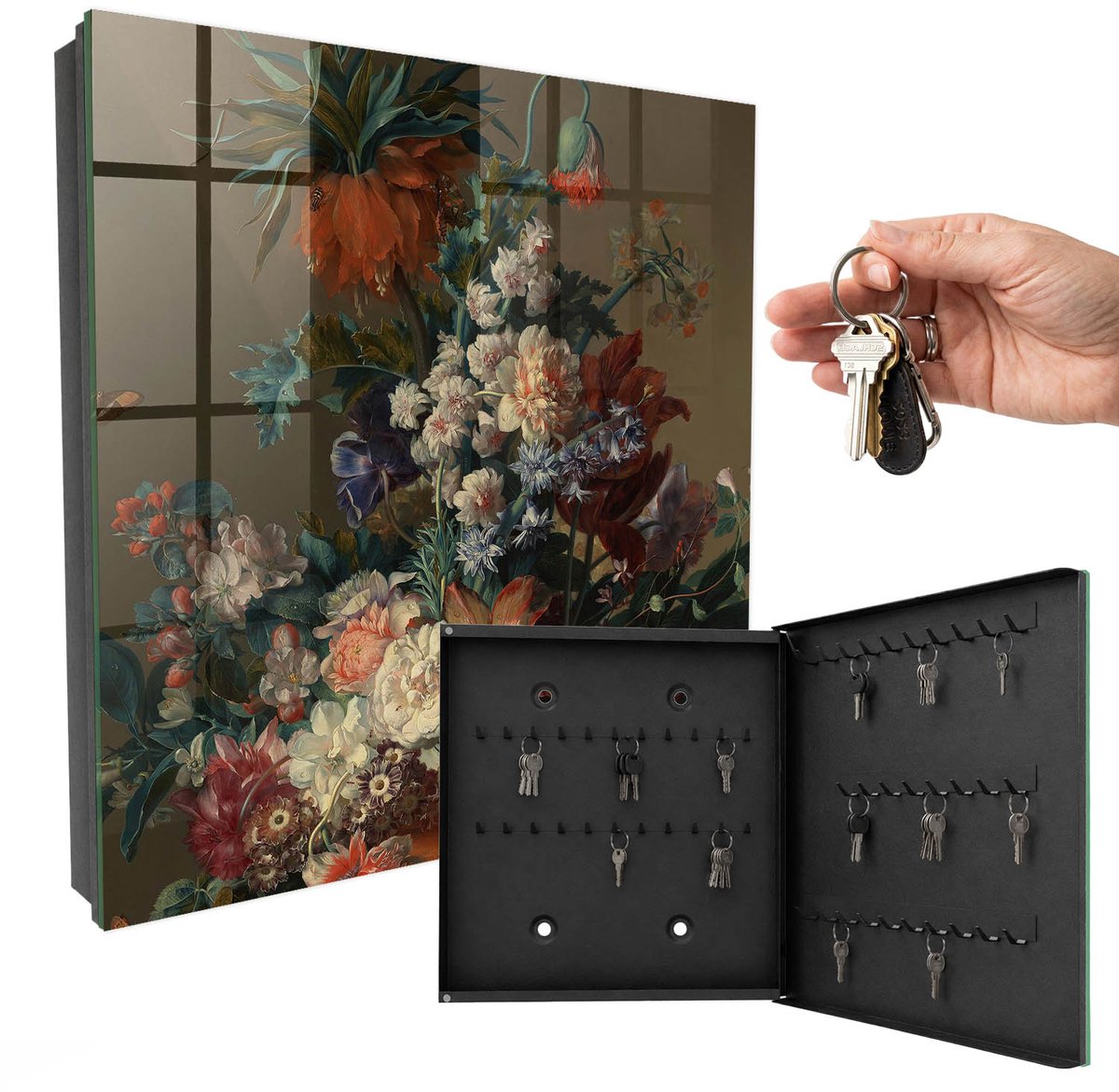 WallMuralia - Sleutelkast - 30x30x5 cm - met 50 haken - Bloemenboeket Sleutelkastje Landelijk - Groente Sleutelbox - Rechtsopenend - Zwart interieur