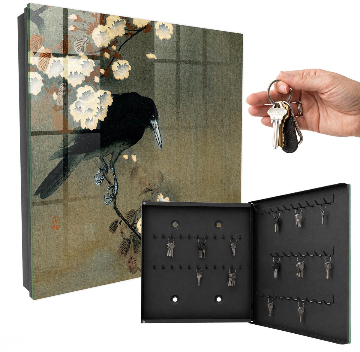 WallMuralia - Sleutelkast - 30x30x5 cm - met 50 haken - Ohara Koson De Kraai En De Kersenbloesems Sleutelkastje Klein - Zwart Sleutelbox - Rechtsopenend - Zwart interieur