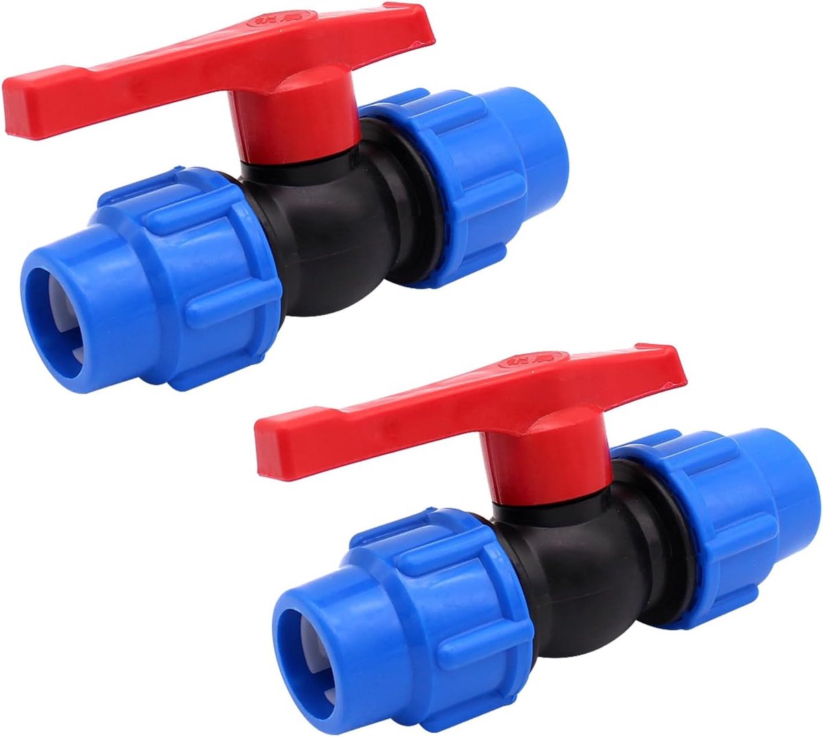 2-weg PP-fitting, 2 stuks, PE-fitting, kogelkraan, 2-voudig, 25 mm, buis, kogelkraan, kunststof klemverbinder, 2-weg buiskogelkraan, klem, ventiel, kogelventiel, afsluitventiel voor PE