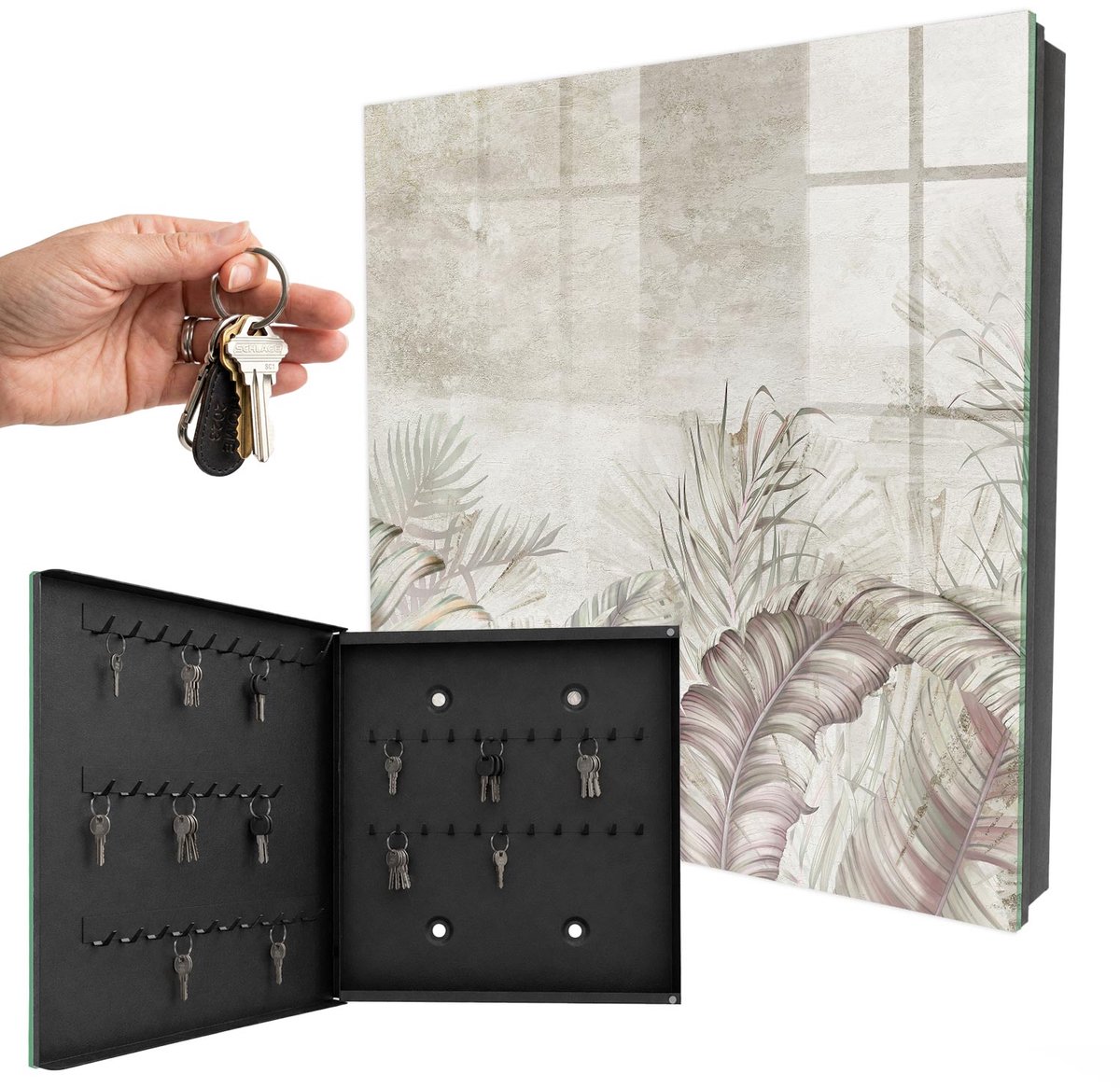 WallMuralia - Sleutelkast - 30x30x5 cm - met 50 haken - Subtiele Exotisme Sleutelkastje Landelijk - Beige Sleutelbox - Linksopenend - Zwart interieur