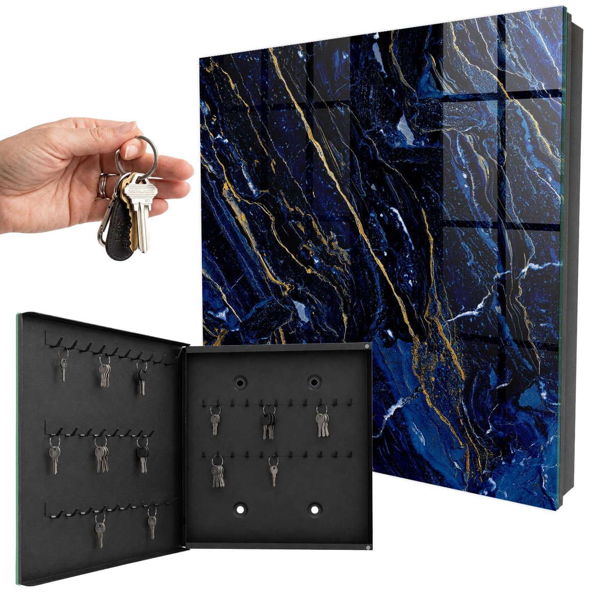 WallMuralia - Sleutelkast - 30x30x5 cm - met 50 haken - Marineblauw Patroon Groot Sleutelkastje - Marine Sleutelbox - Linksopenend - Zwart interieur