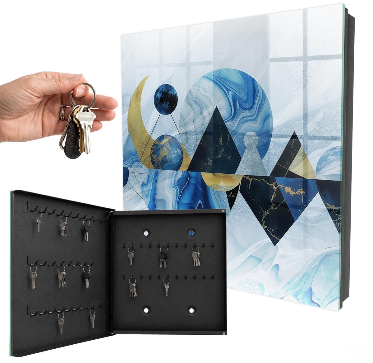 WallMuralia - Sleutelkast - 30x30x5 cm - met 50 haken - Kosmische Abstractie Sleutelkastje Design - Blauw Sleutelbox - Linksopenend - Zwart interieur