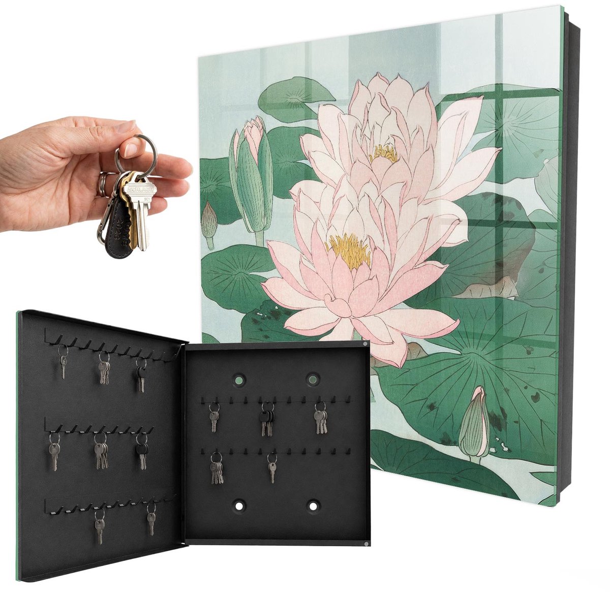 WallMuralia - Sleutelkast - 30x30x5 cm - met 50 haken - Waterlelies Sleutelkastje Binnen - Groente Sleutelbox - Linksopenend - Zwart interieur