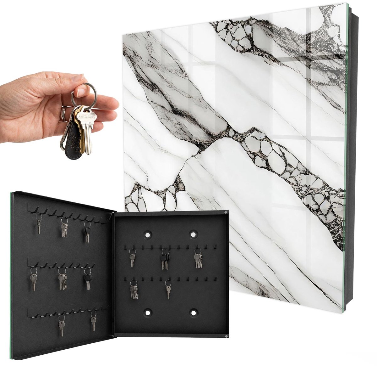 WallMuralia - Sleutelkast - 30x30x5 cm - met 50 haken - Marmerpatroon Sleutelkastje Gang - Wit Sleutelbox - Linksopenend - Zwart interieur