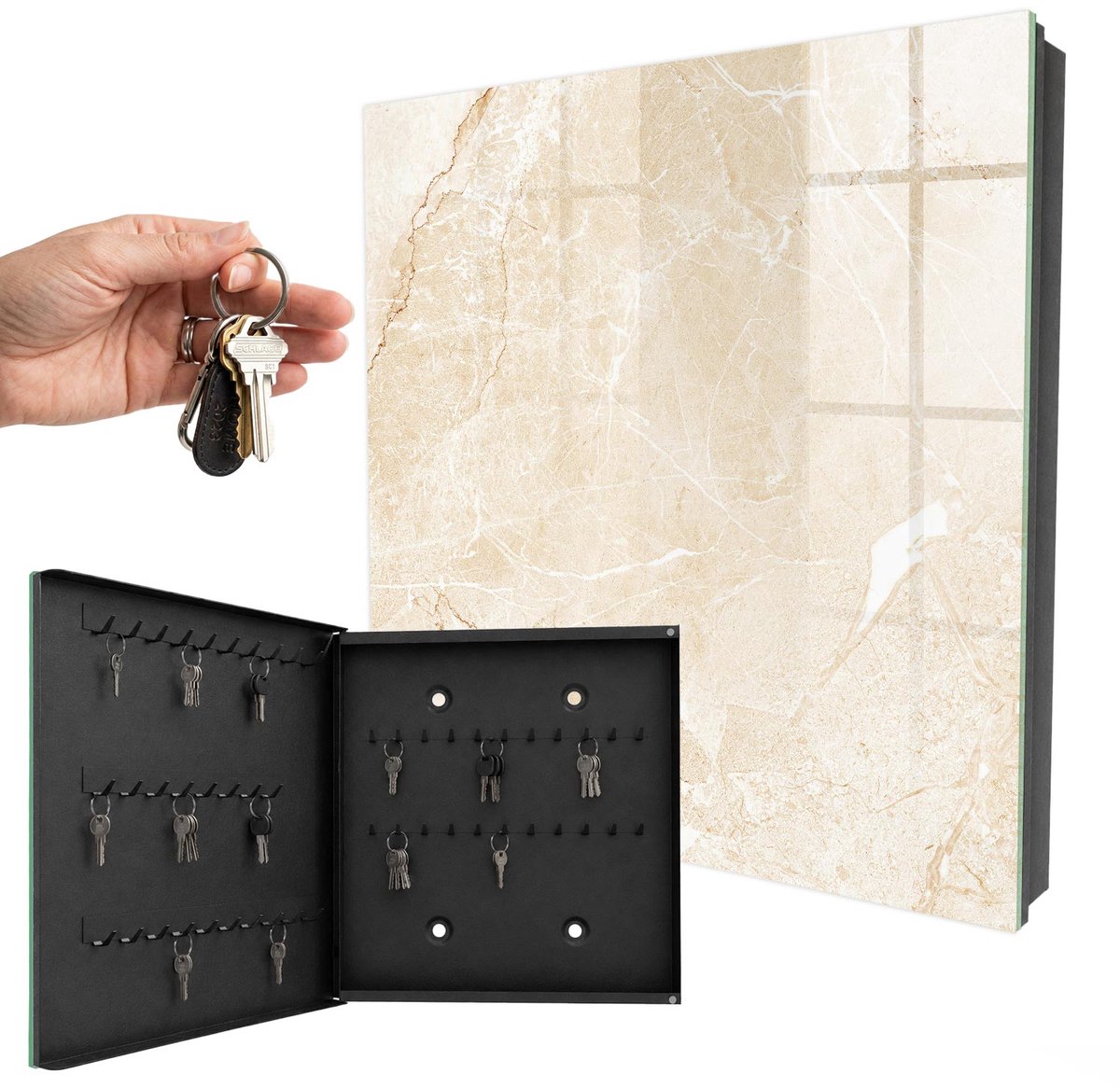 WallMuralia - Sleutelkast - 30x30x5 cm - met 50 haken - Beige Patroon Sleutelkastje Industrieel - Beige Sleutelbox - Linksopenend - Zwart interieur