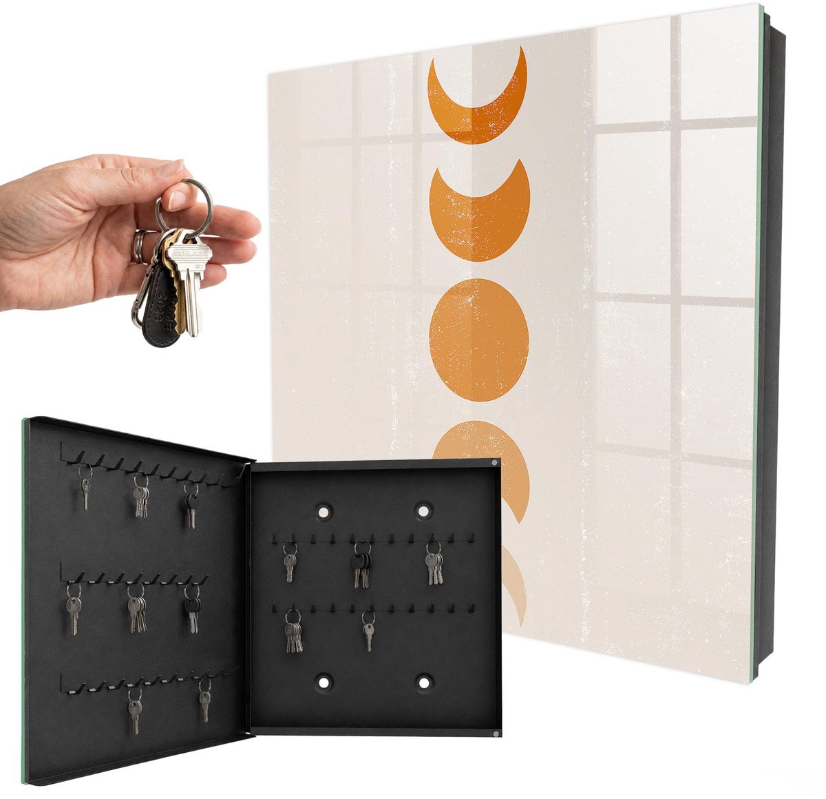 WallMuralia - Sleutelkast - 30x30x5 cm - met 50 haken - Maanfasen Sleutelkastje Industrieel - Oranje Sleutelbox - Linksopenend - Zwart interieur